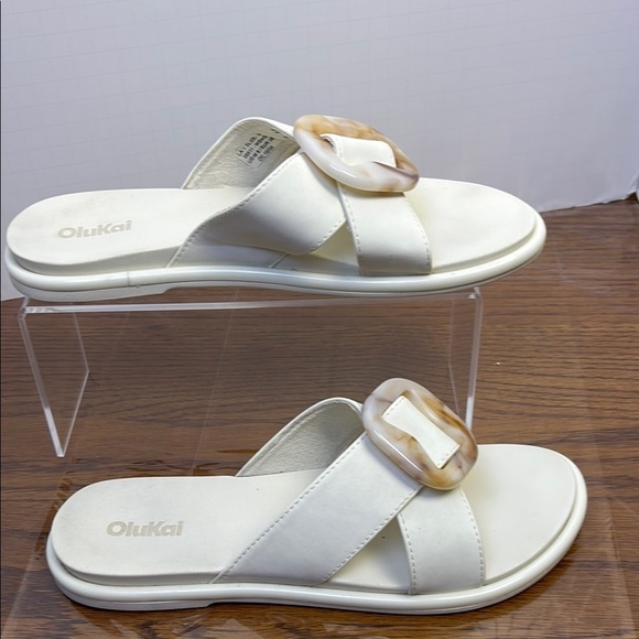 OluKai White Sandals with Cushioned Footbed and Gold Buckle - Picture 1 of 6